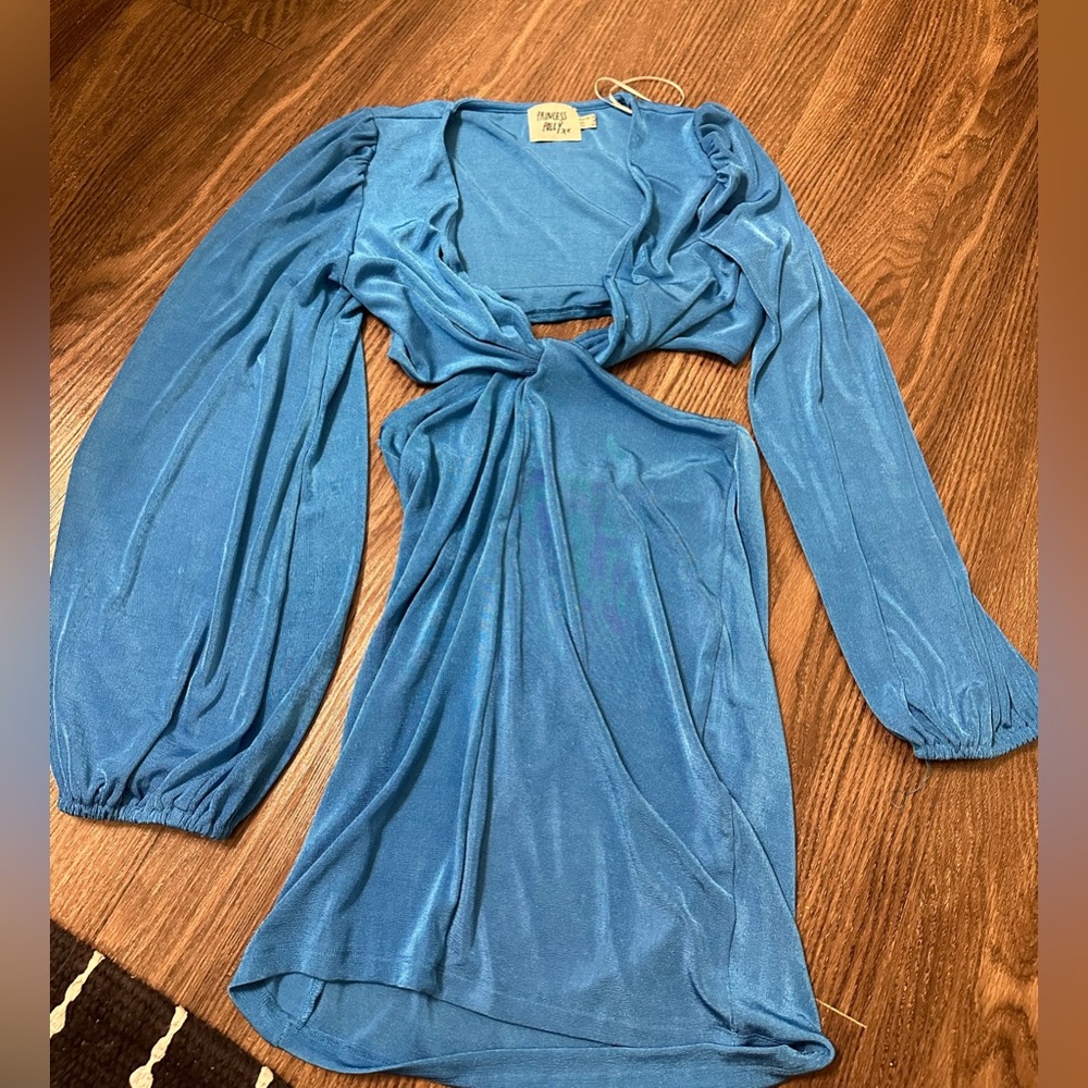 blue silky cut out dress